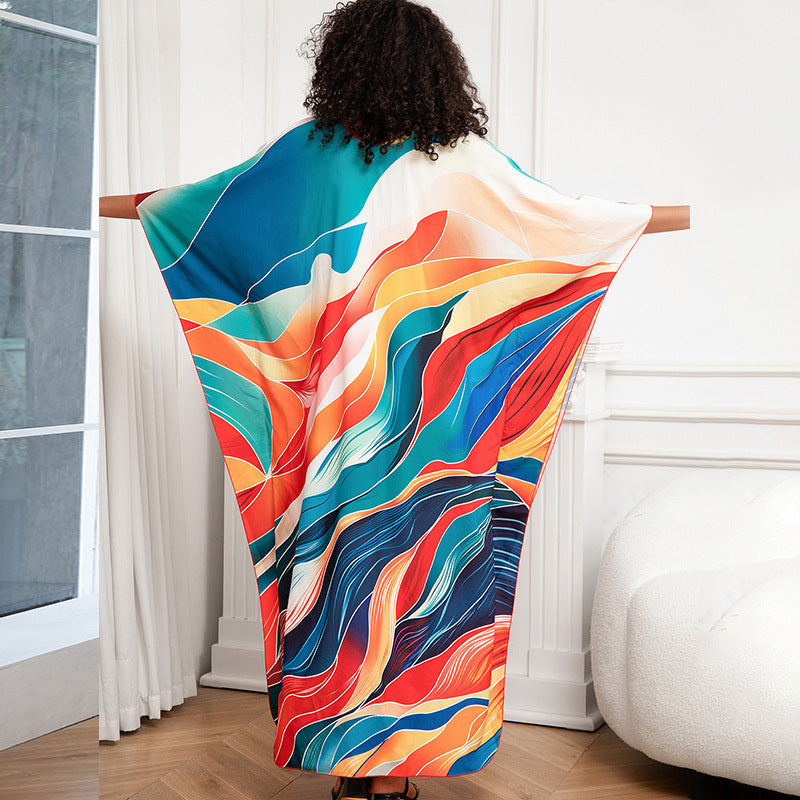 Positioning Print Holiday Loose plus Size Robe Beach Cover up Dress Bikini Cover-up Women&