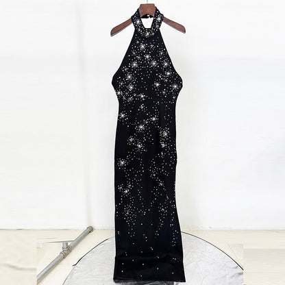 Heavy Industry Three Dimensional Beads Rhinestones Stretch Halter Maxi Dress Maxi Dress