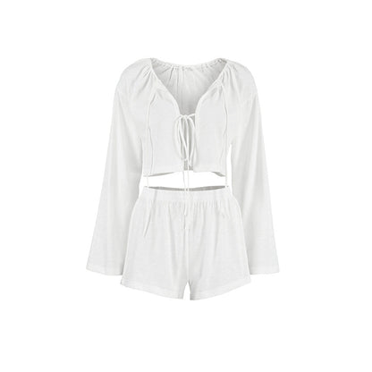 Spring White Pure Cotton Cardigan Lace up Ladies Homewear Casual Long Sleeve Shorts Pajamas Two Piece Set