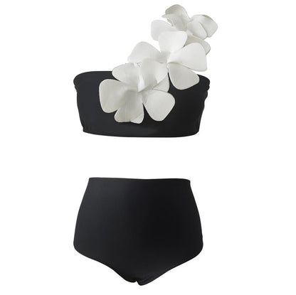 Solid Color One Shoulder Three Dimensional Floral Design Split Women Bikini Swimsuit