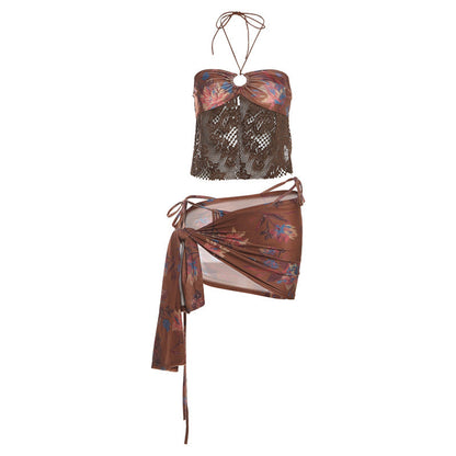 Spring Summer Women Sexy Cropped Halterneck Vest Bikini Three Piece Sets