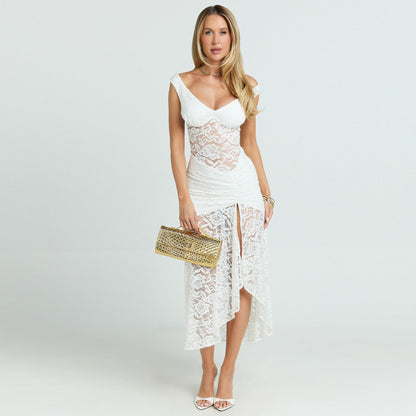 Summer Sexy Lace Hollow Out Cutout out Stitching Spaghetti Straps Slimming Split Dress