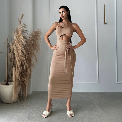 Spring Summer Women Clothing Sexy Socialite Diagonal Collar Dress Unilateral Strapless High Waist Dress