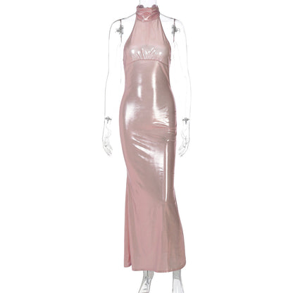 Women Clothing Autumn Winter Sexy Elegance Sleeveless round Neck Slim Bright Color Dress