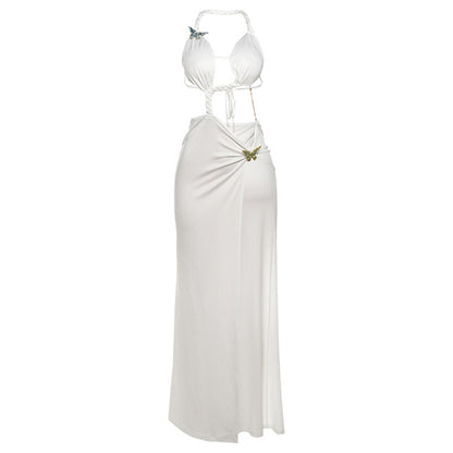 Summer Sexy Backless Lace up Maxi Dress Split Halter Dress