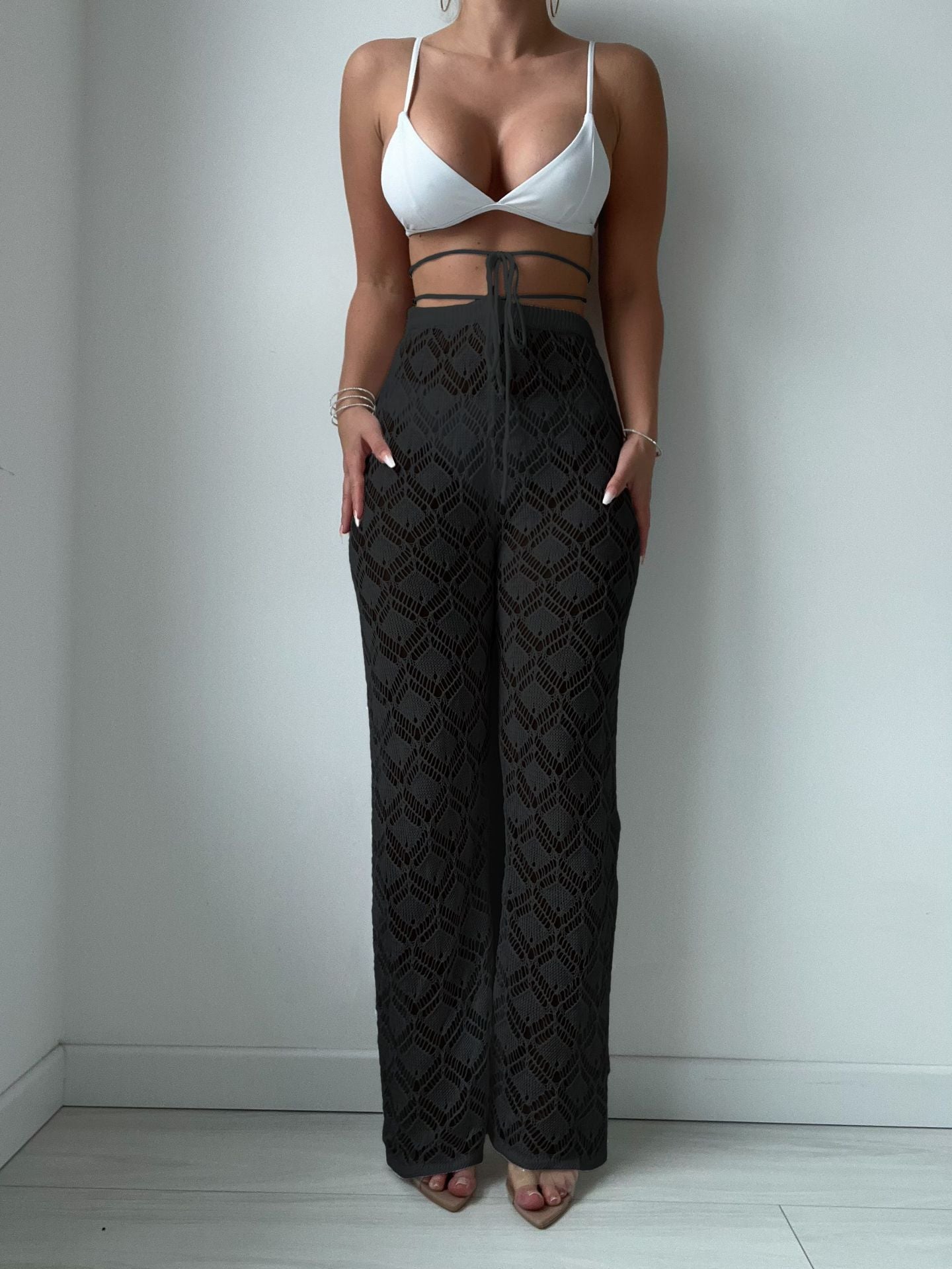 Women Beach Hollow Out Cutout Out Trousers Casual Sexy High Waist Bikini Sun Proof Trousers