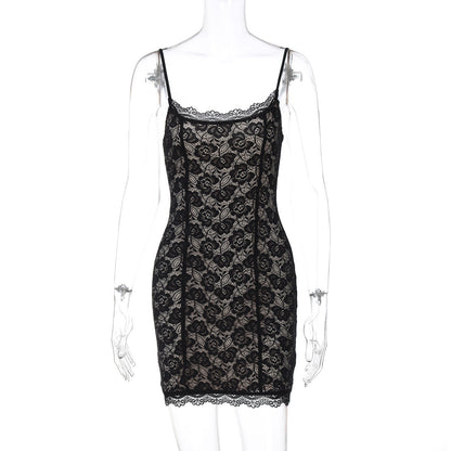 Women Clothing Summer Sexy Low Cut Cinched Sheath Lace Dress