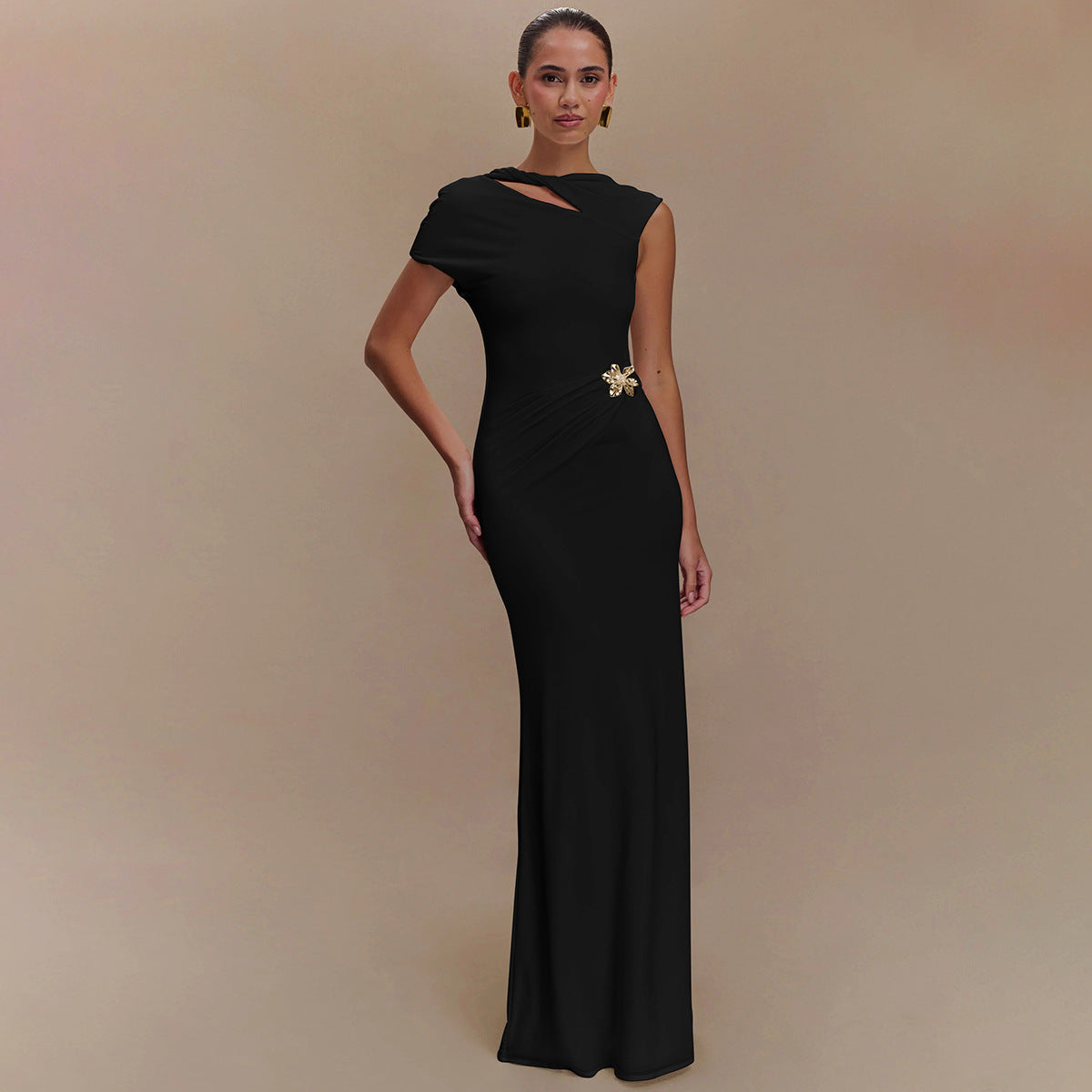 Women Spring Summer Sexy Backless Waist Trimming Solid Color Short Sleeve Dress