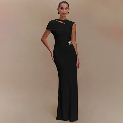 Women Spring Summer Sexy Backless Waist Trimming Solid Color Short Sleeve Dress