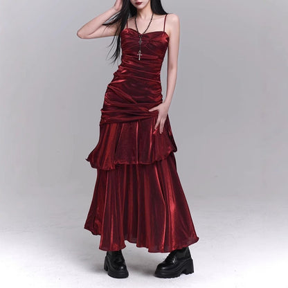 Dark Red Suspenders Dress Concert Birthday Dress High Grade Party Little Dress