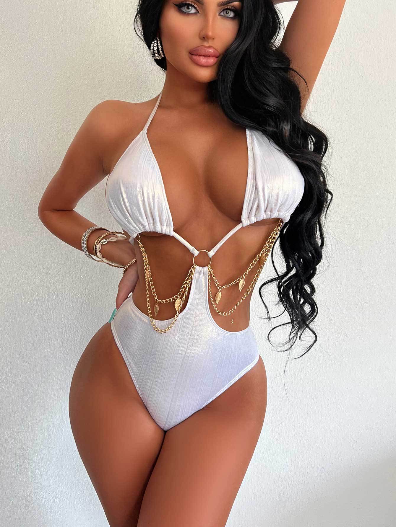 Swimsuit Sexy Hollow Out Cutout Bikini Backless Halter Lace up One Piece Swimsuit Swimwear