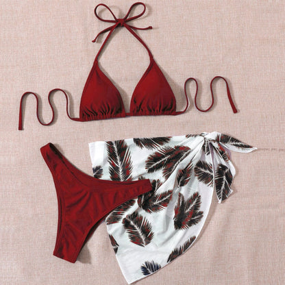Printed Halter Lace up Bikini Three Piece High Waist Mesh Split Swimsuit