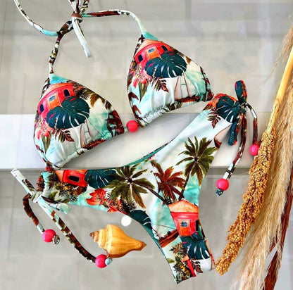 Women Sexy Split Triangle Bag Bikini Fresh Printed Swimsuit Bikini
