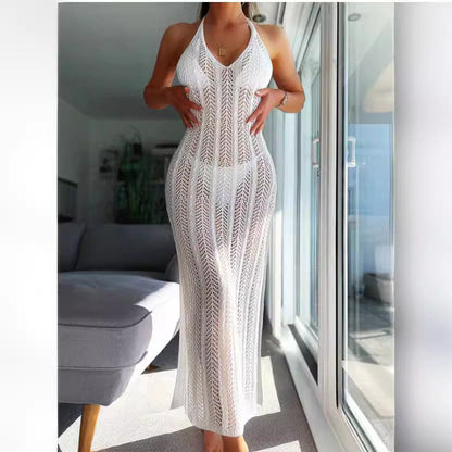 Sexy Cutout See through Beach Sleeveless Halter Dress Women Summer Slim Fit Slim Sexy Backless Maxi Dress