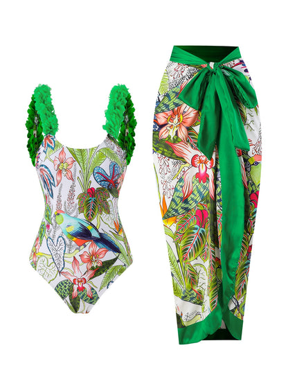 One Piece Printed Skirt Conservative Swimwear Two Piece Women Swimsuit