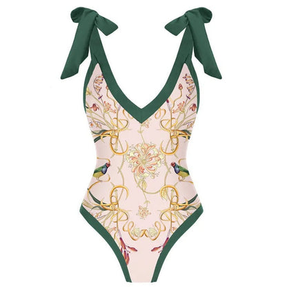 One Piece Bikini Slimming Retro Chiffon Maxi Dress Sunscreen Retro Print Swimsuit Two Piece
