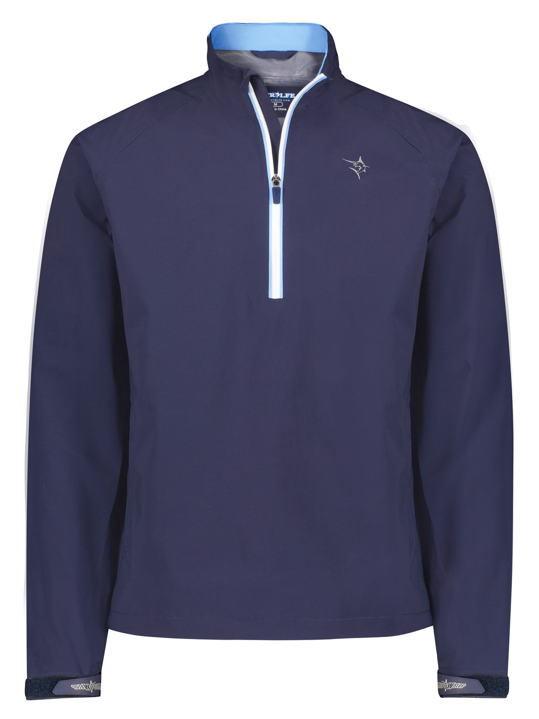 White Water Life Palm Beach waterproof quarter zip, navy color, shown with front view and zipper detail.