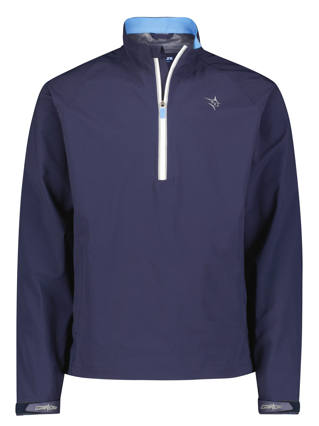 White Water Life Palm Beach waterproof quarter zip in navy, featuring a high collar and full-length zipper for outdoor activities.