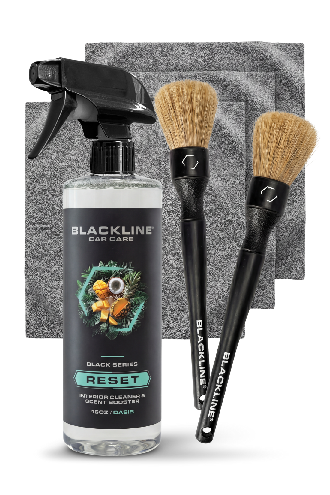 Blackline Car Care BLACKLINE® Reset interior cleaner and scent booster bottle with cleaning and freshening features.
