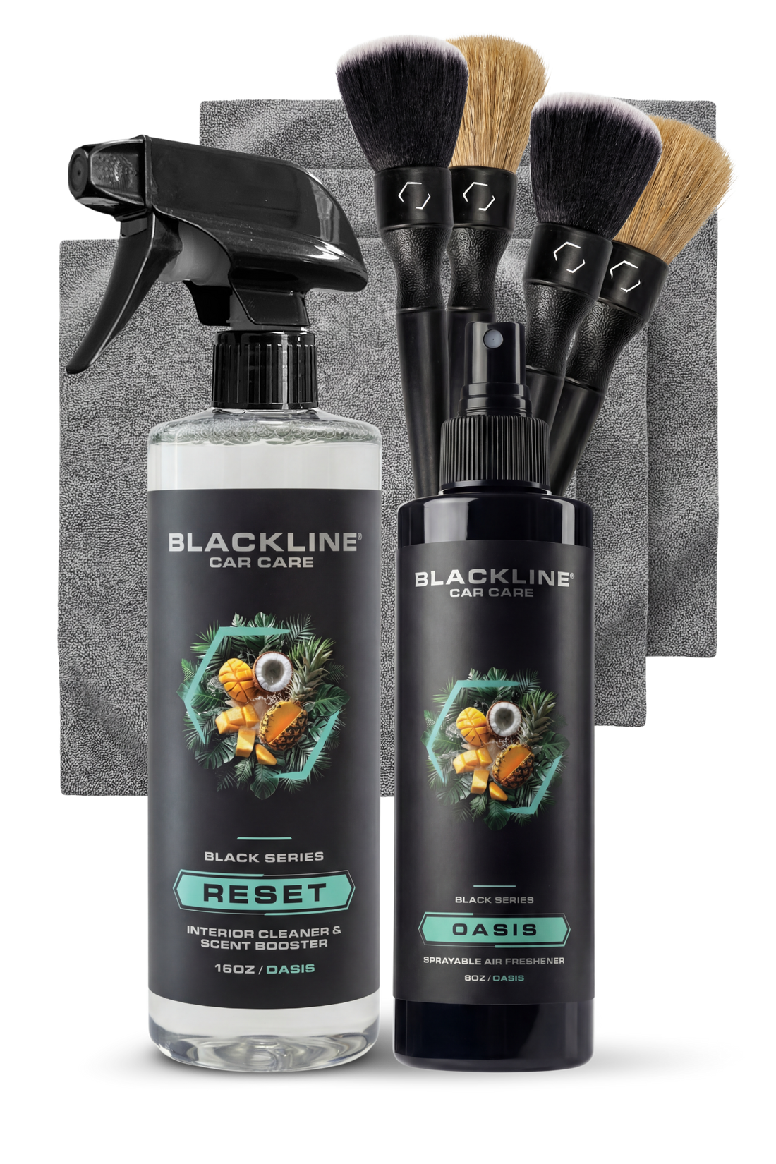 Blackline Car Care BLACKLINE® 8oz air freshener, Oasis scent, hanging car air freshener with a sleek design.
