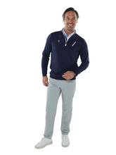 White Water Life Oceanside Pullover Smooth Stretch, close-up of navy blue pullover showing soft fabric and comfortable fit.