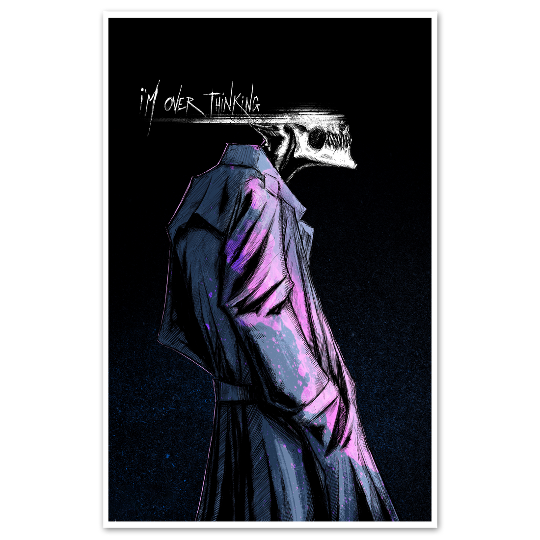 Overthinking print poster by Any Means Necessary Clothing featuring a detailed, artistic design on 11x17 paper.