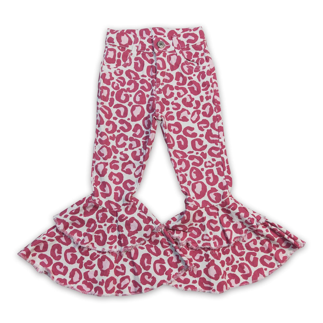Pink leopard double ruffle denim pants girls valentine&