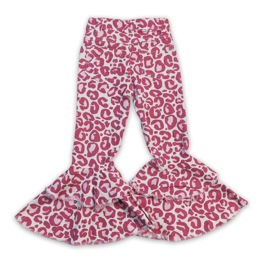 Pink leopard double ruffle denim pants girls valentine&