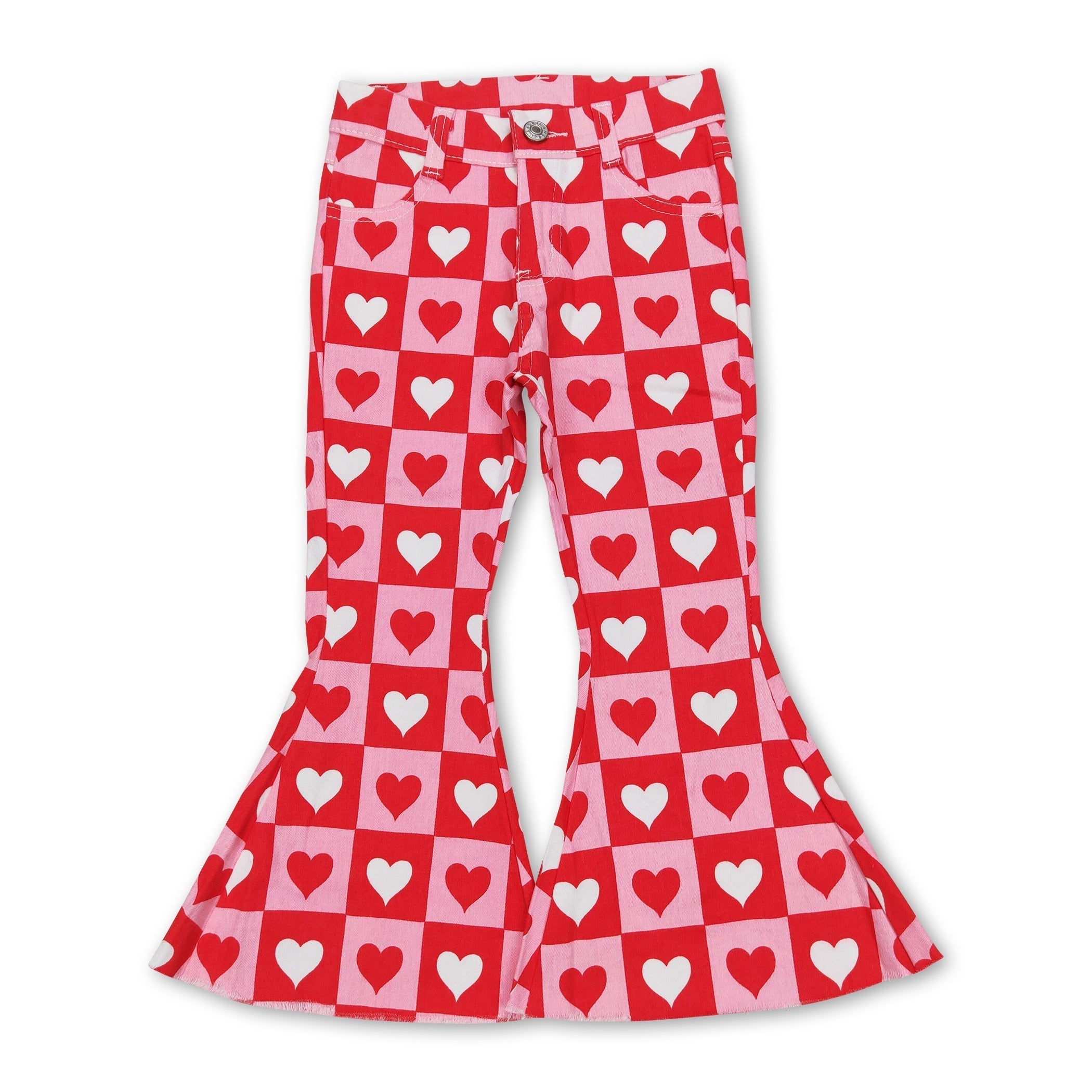 Plaid heart denim pants girls valentine&