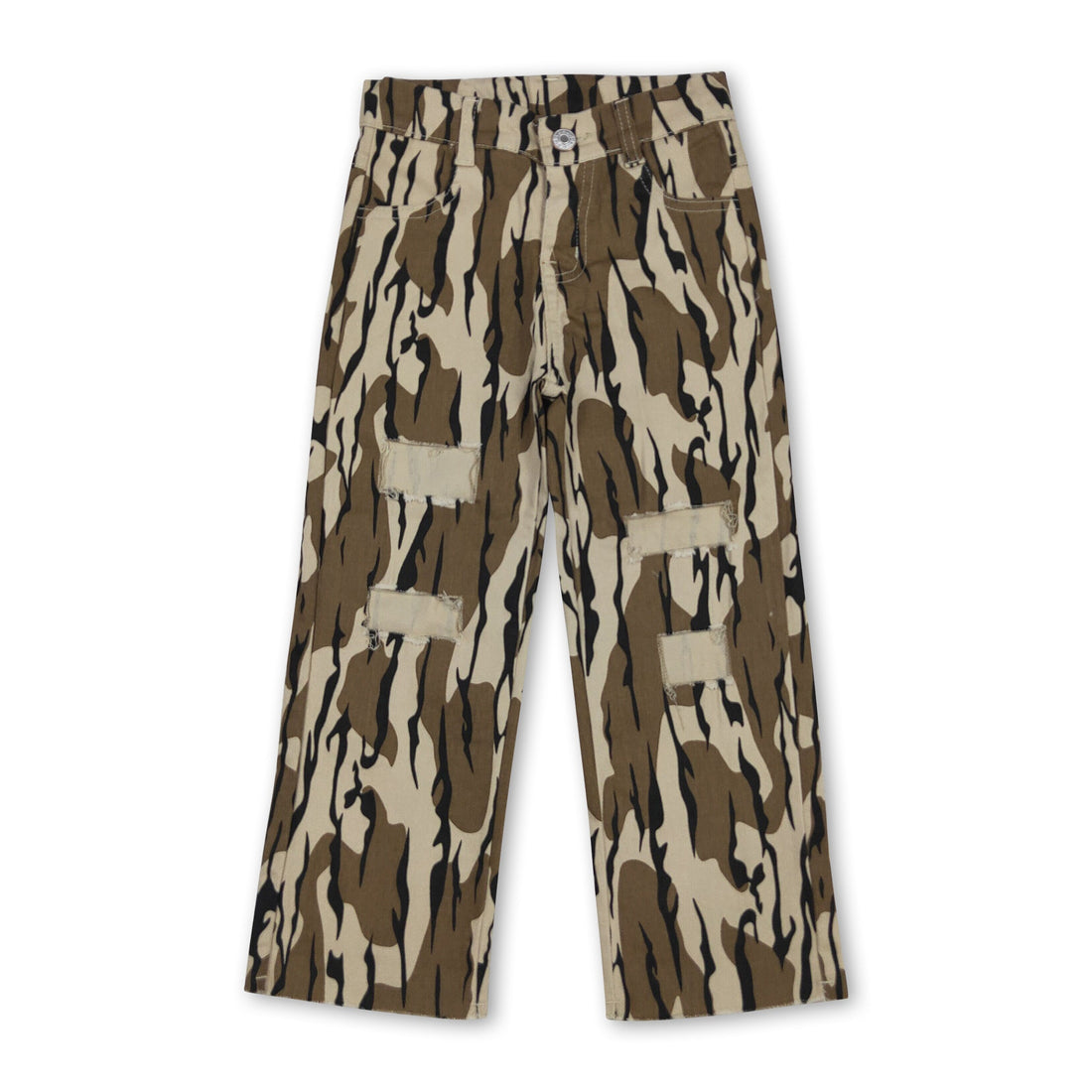 Olive camo denim pants for boys by Mini Rodeo, featuring holes and a casual fit, perfect for kids&