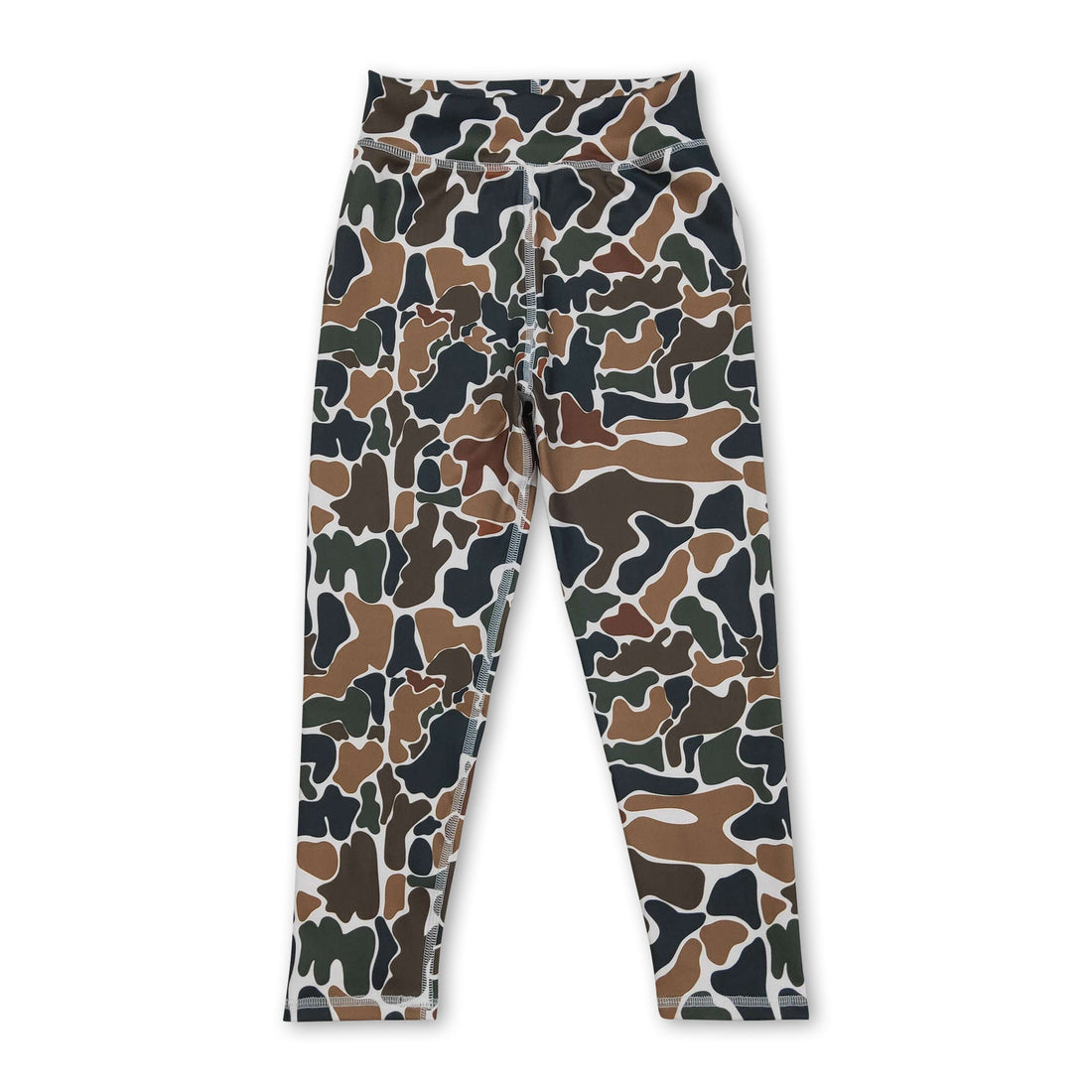 Camo high waist baby girls yoga leggings by Mini Rodeo, featuring a comfortable fit and stylish camo pattern for young girls.