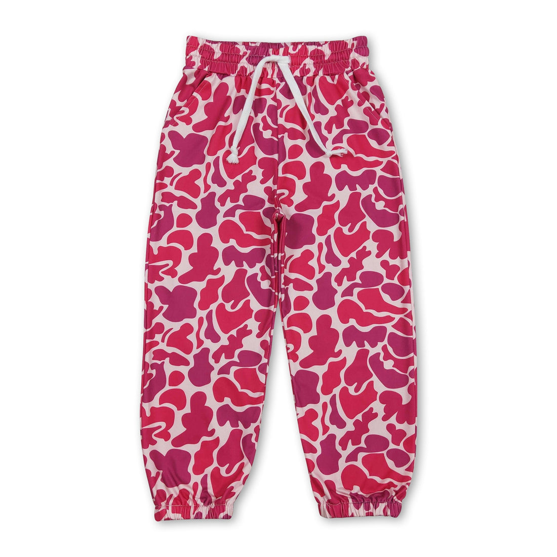 Pink camo elastic waist girl pants by Mini Rodeo, featuring comfortable fit and stylish design for kids.