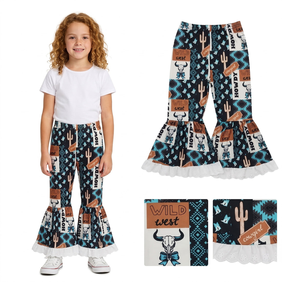 West west bull skull bow western girls ruffle pants