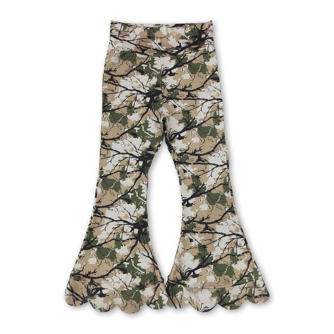 Green camo scallop bell bottom pants for girls by Mini Rodeo, featuring a stylish camo pattern and scalloped hem detail.