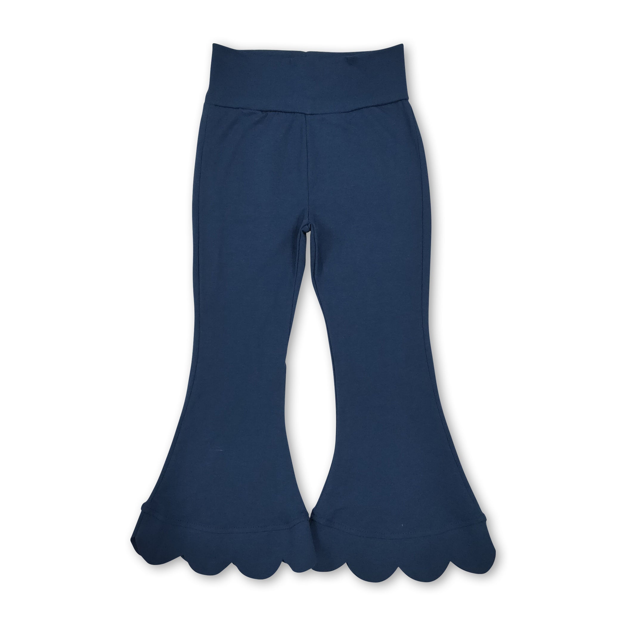 High waist navy cotton scallop kids girls flare pants