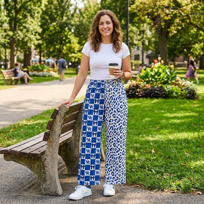 U K blue bow plaid leopard adult women team pants