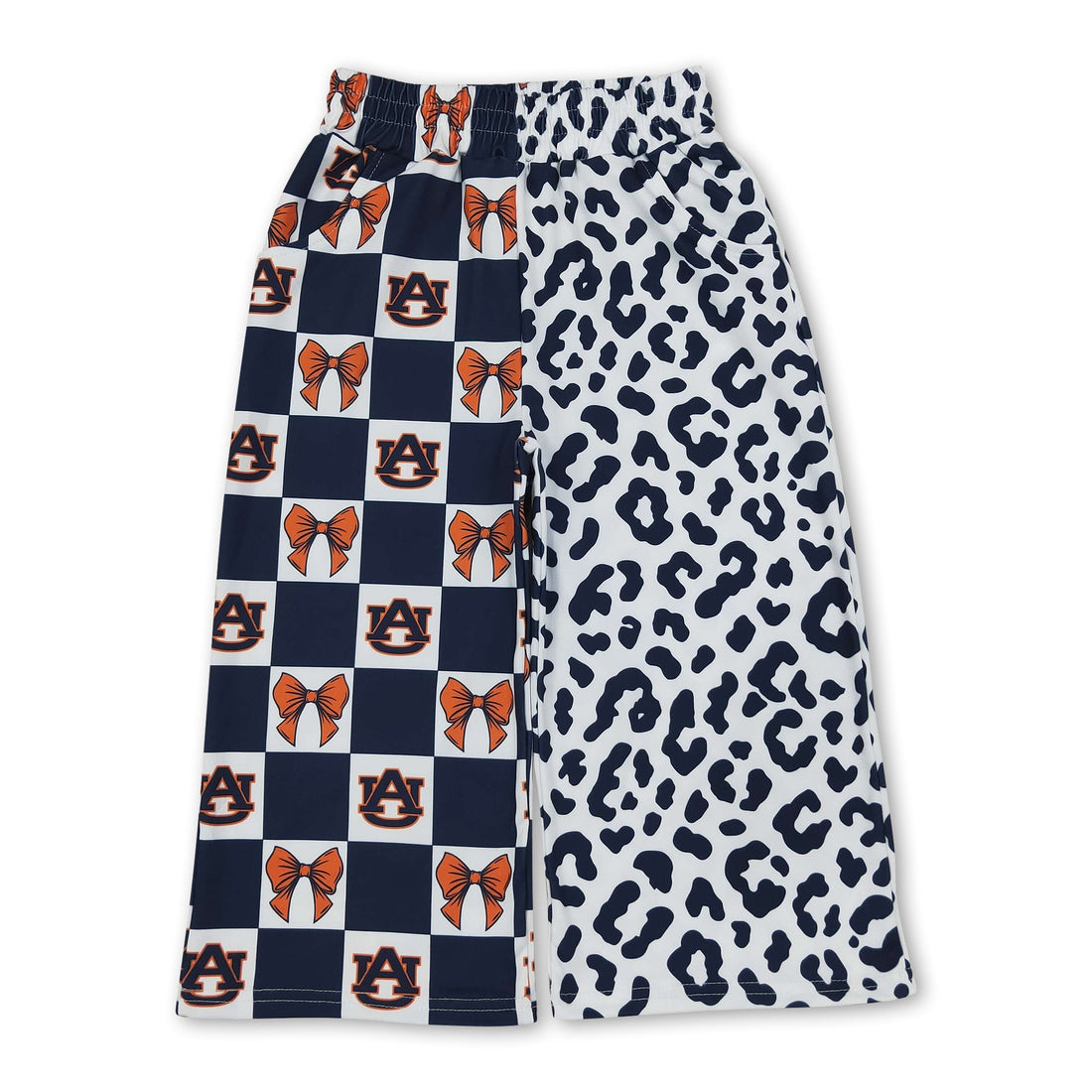 A U navy bow plaid leopard kids girls team pants