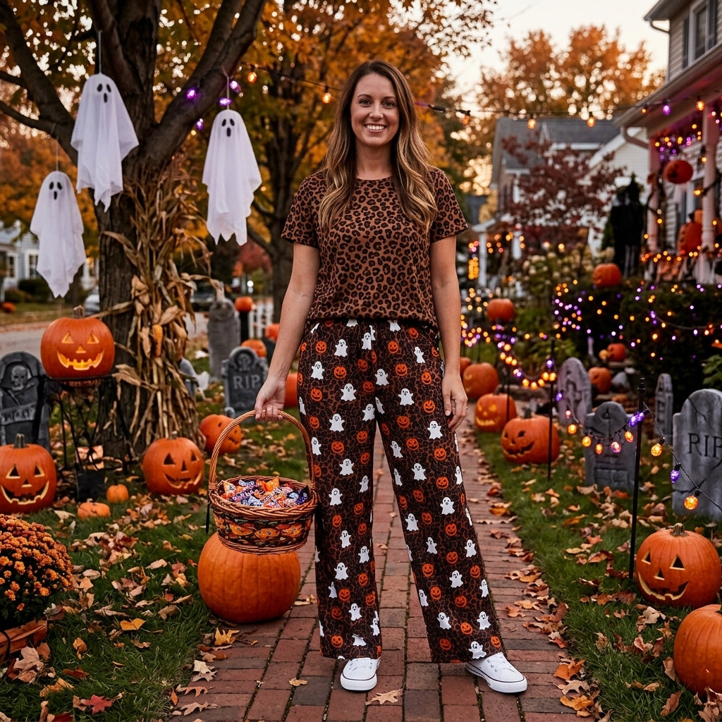 Leopard ghost pumpkin adult women Halloween pants