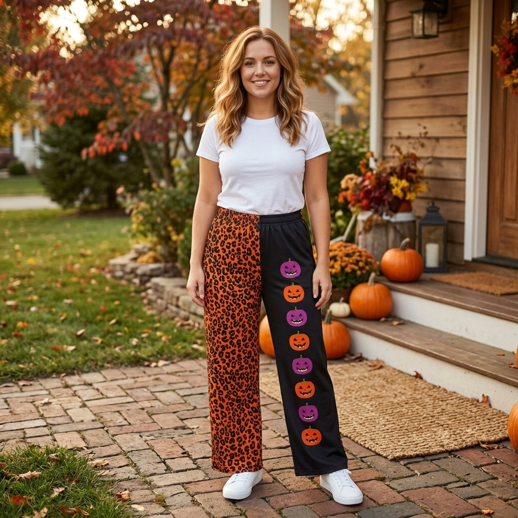 Leopard pumpkin adult women Halloween pants