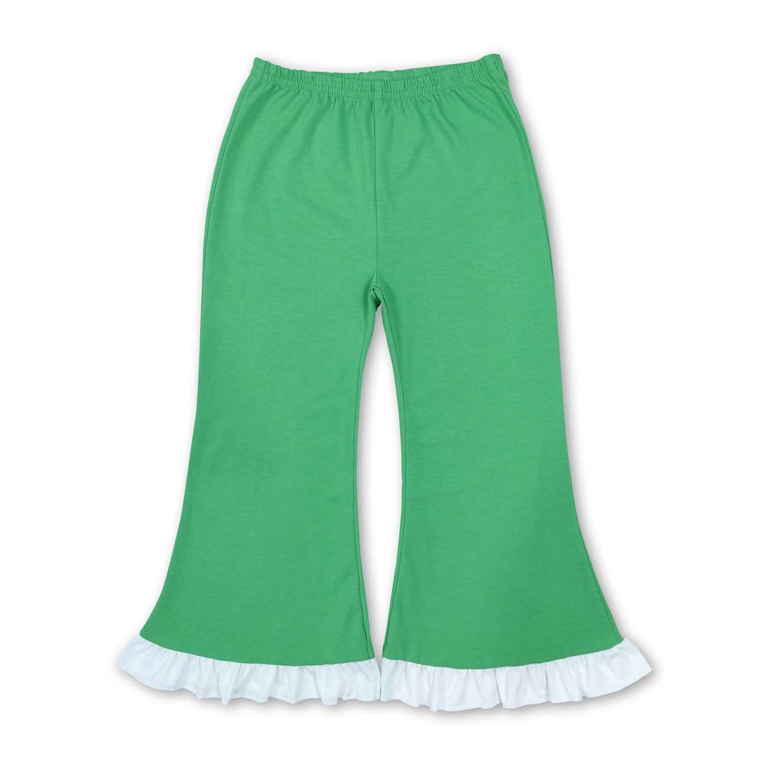 White ruffle green cotton kids girls flare pants