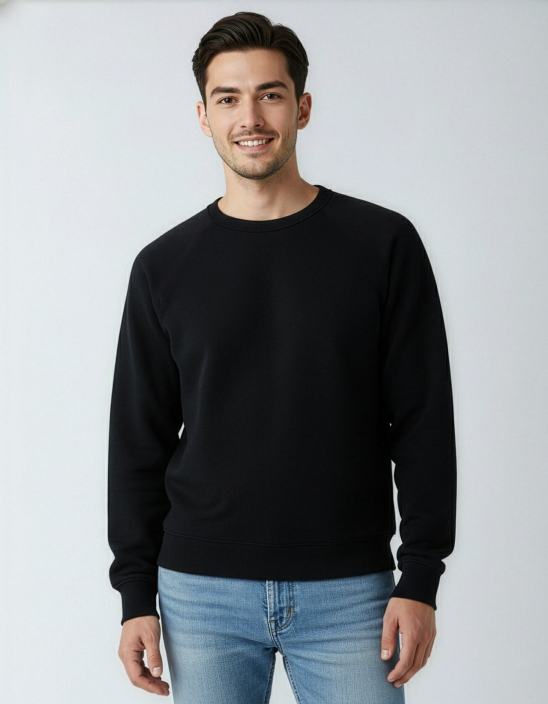 Black fleece crew neck sweatshirt for men by SpectraUSA, shown on a model, highlighting comfortable fit and soft fabric.