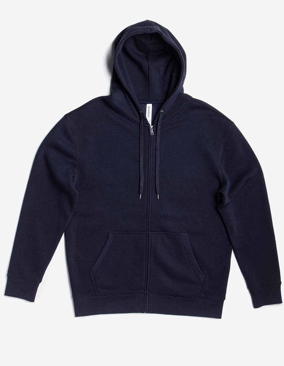 Navy SpectraUSA Heavyweight fleece zip hoodie, front view showing full zipper and hood, cozy and warm casual outerwear.