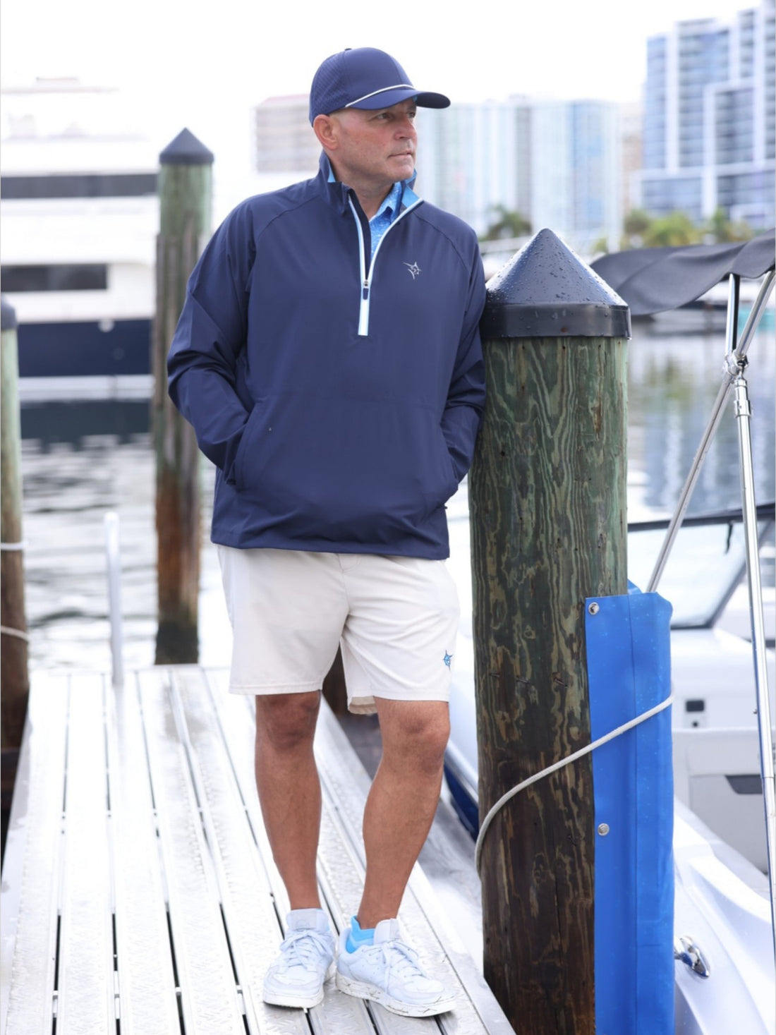 White Water Life Palm Beach waterproof quarter zip, lightweight outdoor jacket, shown in navy with front zipper and stand collar.
