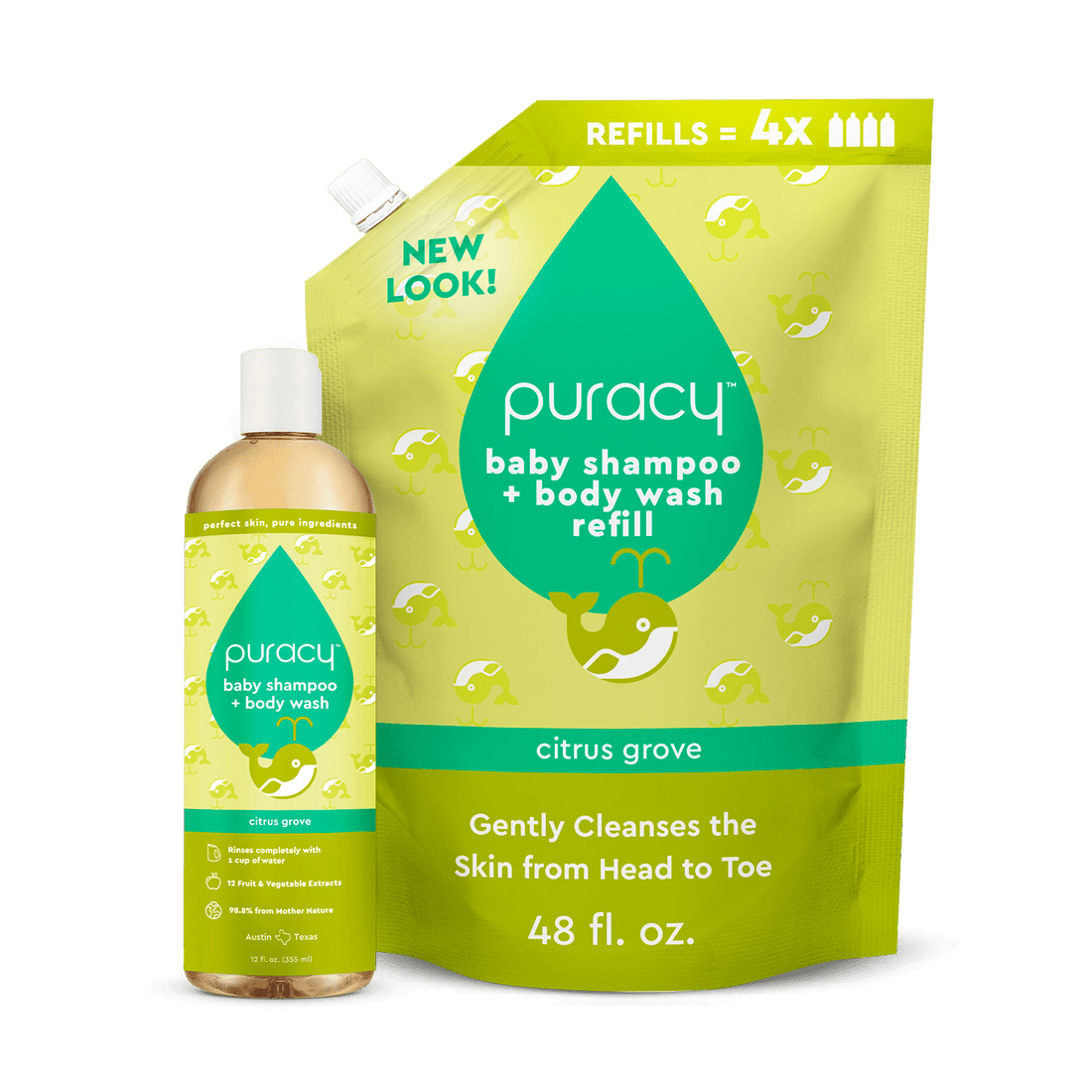 Puracy Baby Shampoo &amp; Body Wash tear-free formula in a clear bottle with pump dispenser, gentle for baby&