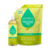 Puracy Baby Shampoo & Body Wash tear-free formula in a clear bottle with pump dispenser, gentle for baby&