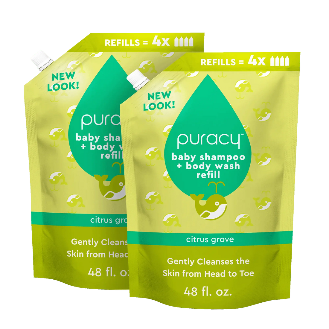 Puracy Baby Shampoo &amp; Body Wash, tear-free formula, gentle for infants, clear bottle with pump dispenser, soft baby towel in background