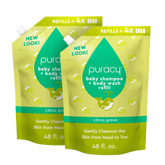 Puracy Baby Shampoo & Body Wash, tear-free formula, gentle for infants, clear bottle with pump dispenser, soft baby towel in background