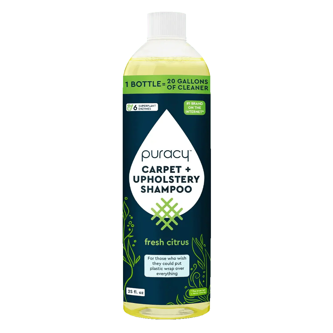 Puracy Carpet &amp; Upholstery Shampoo bottle with label, designed for cleaning carpets and upholstery effectively.