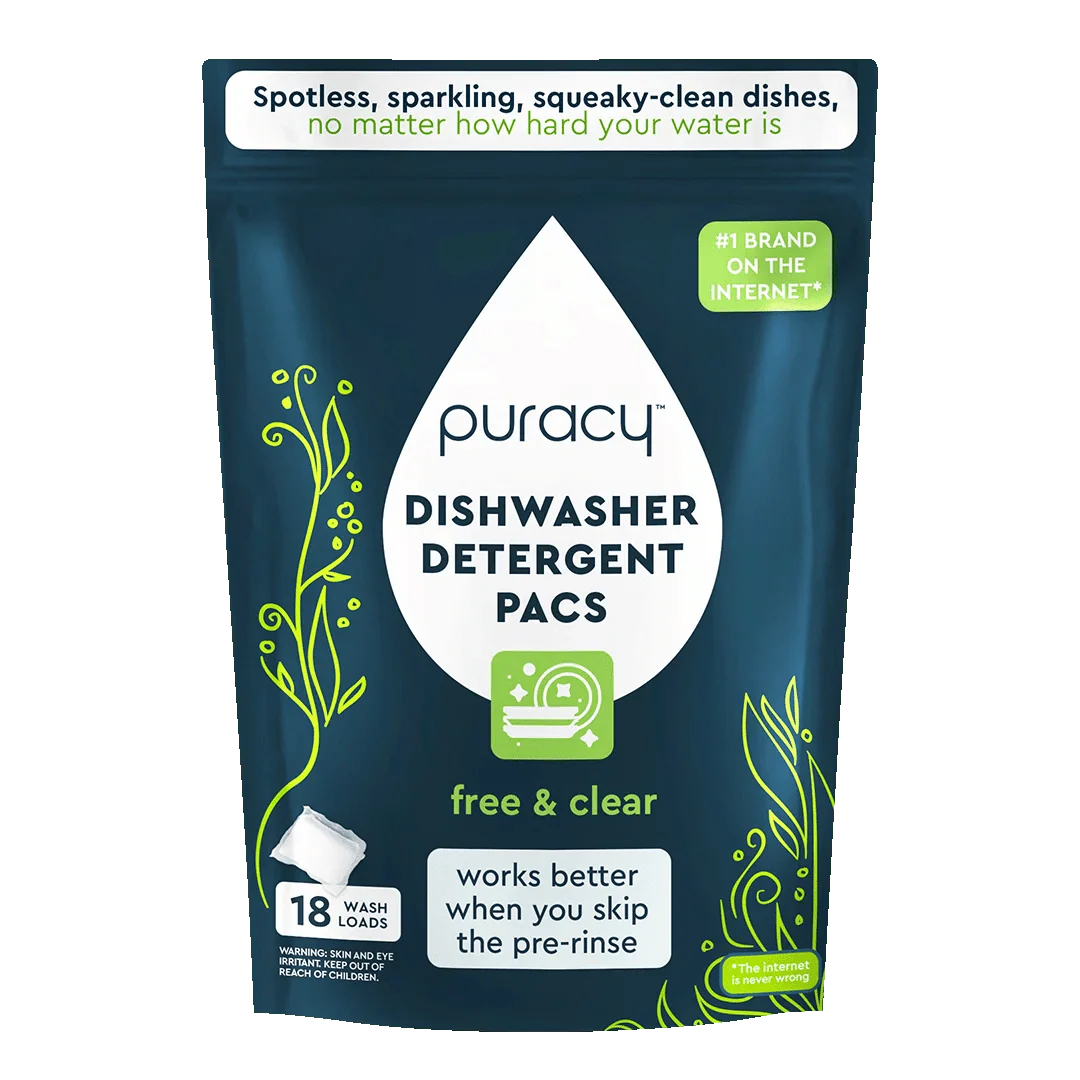 Puracy dishwasher detergent pods in a box, showing multiple white pods with blue and green accents, designed for cleaning dishes.
