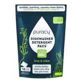 Puracy dishwasher detergent pods in a box, showing multiple white pods with blue and green accents, designed for cleaning dishes.